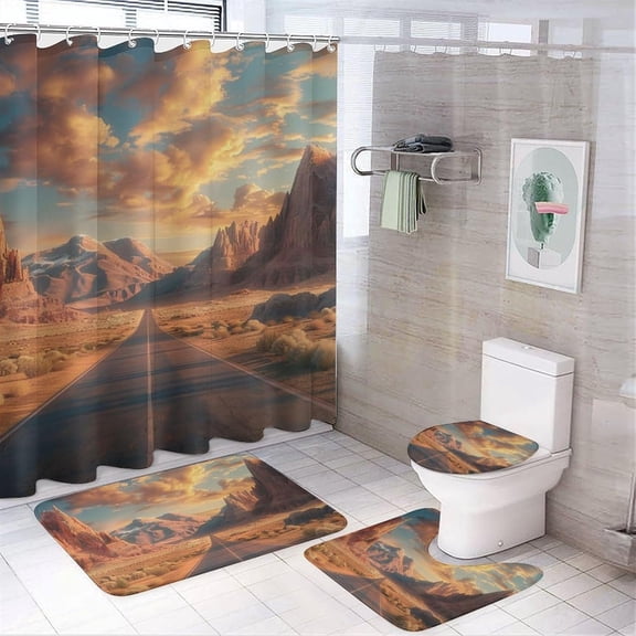 4Pcs Mountain Road Shower Curtain Set with Rugs, Toilet Lid Cover and Bath Mat, Abstract Western Desert Sky Bathroom Curtains Decor Shower Curtains, 72" x 72"