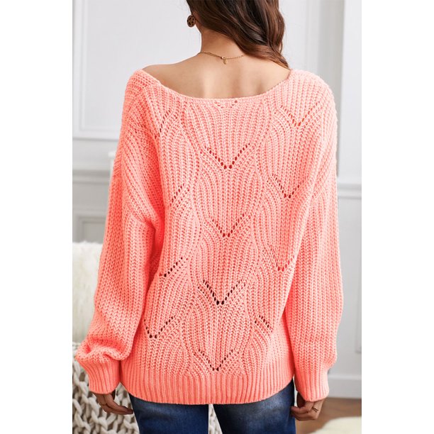 ABPHQTO Jersey De Mujer De Punto Cuello Redondo Ahuecado Rosa