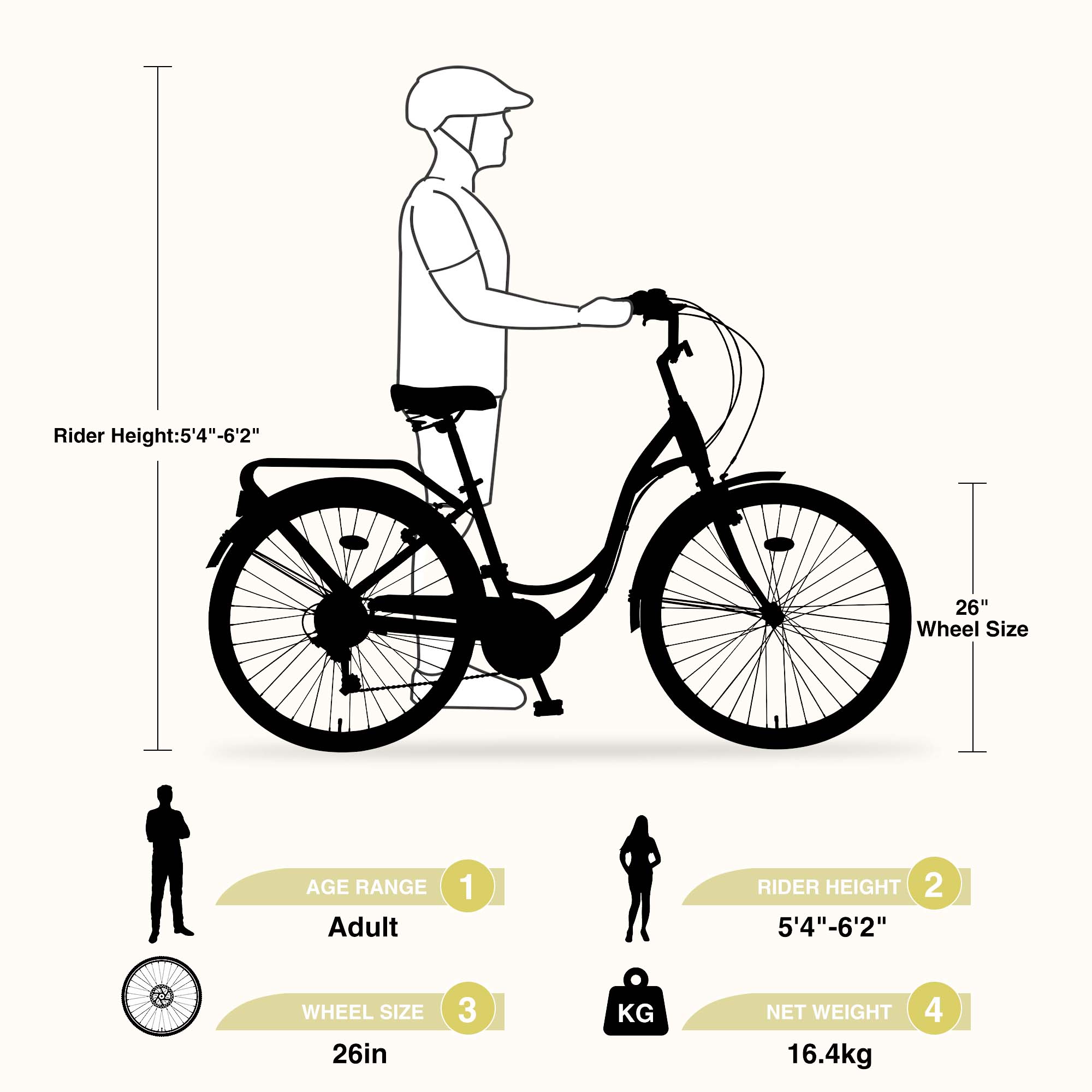 Aukfa 26" Cruiser Bike, 7 Speed Bicycle Hybrid Bikes for Women Girls Ladies, Yellow