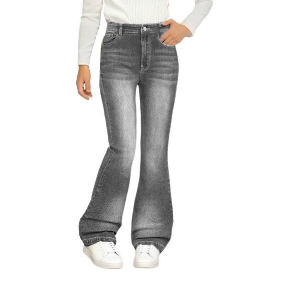TIREOW Girls Daily Denim Bell Bottom Pants Slim Fit Solid Color Casual Flared Jeans Pants Elastic Waist Flared Trousers(Grey,13-14 Years)