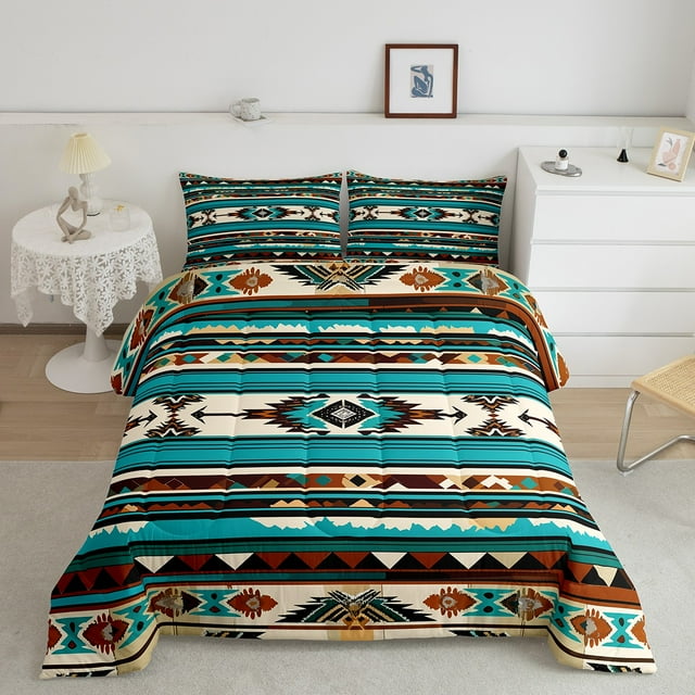 Western Comforter Set Geometric Aztec King Bedding Set,Southwestern Quilt Bed Set Vintage Exotic Stripes Duvet Insert,Geometry Triangle Western Decor for Home