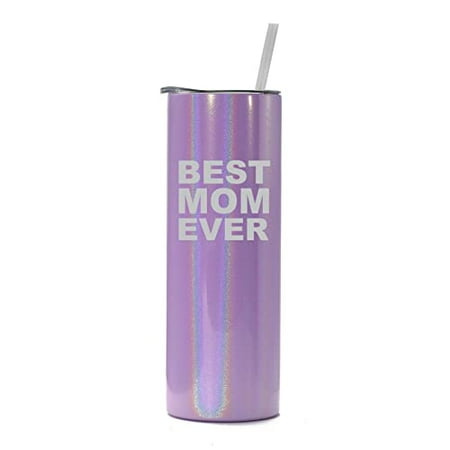 

20 oz Skinny Tall Tumbler Stainless Steel Vacuum Insulated Travel Mug Cup With Straw Best Mom Ever (Purple Iridescent Glitter)