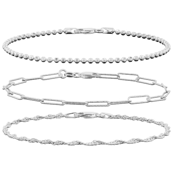 JTV Sterling Silver Diamond-Cut Bracelet Set of 3 – Bead, Paperclip & Singapore Link Styles, 7.5 Inch