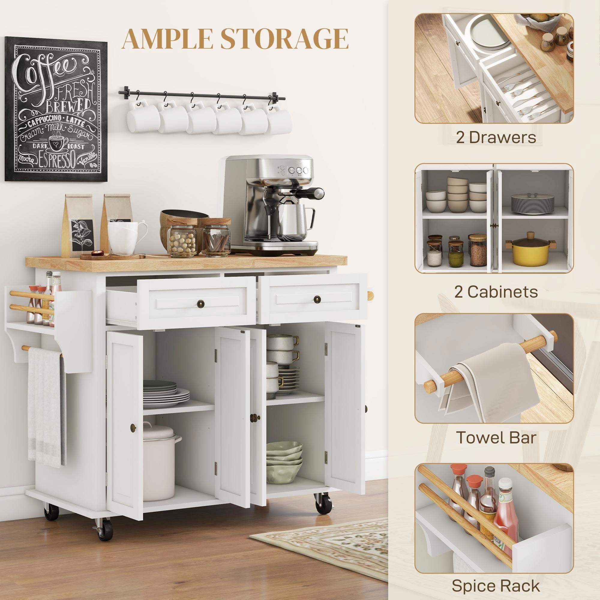 GVN Rolling Kitchen Table, Kitchen Island,Kitchen Island on Wheels, Rolling Cart with Rubberwood Top, Spice Rack, Towel Rack and Drawers, Cream White