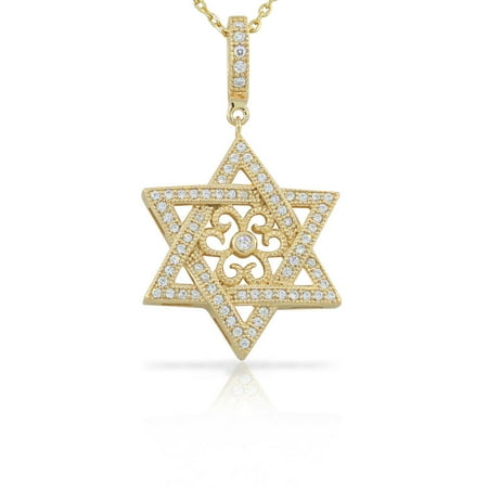 925 Sterling Silver Yellow Gold-Tone Jewish Star of David CZ Filigree Pendant Necklace