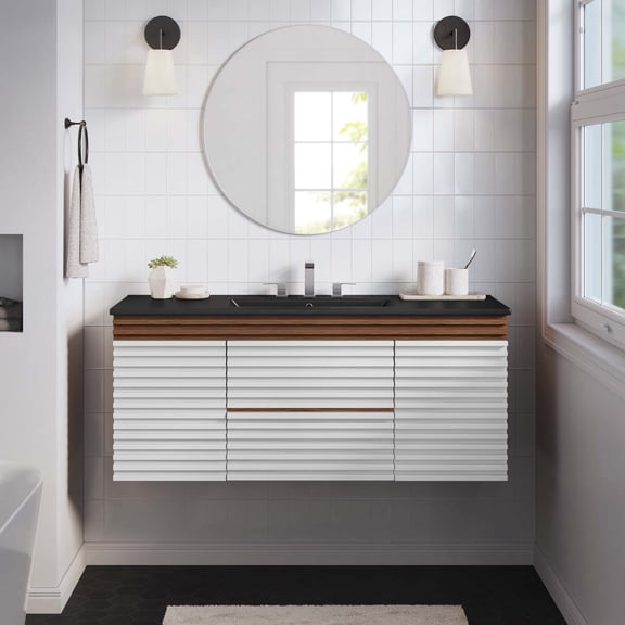 Modway Render 48" Wall-Mount Bathroom Vanity in White Walnut Black