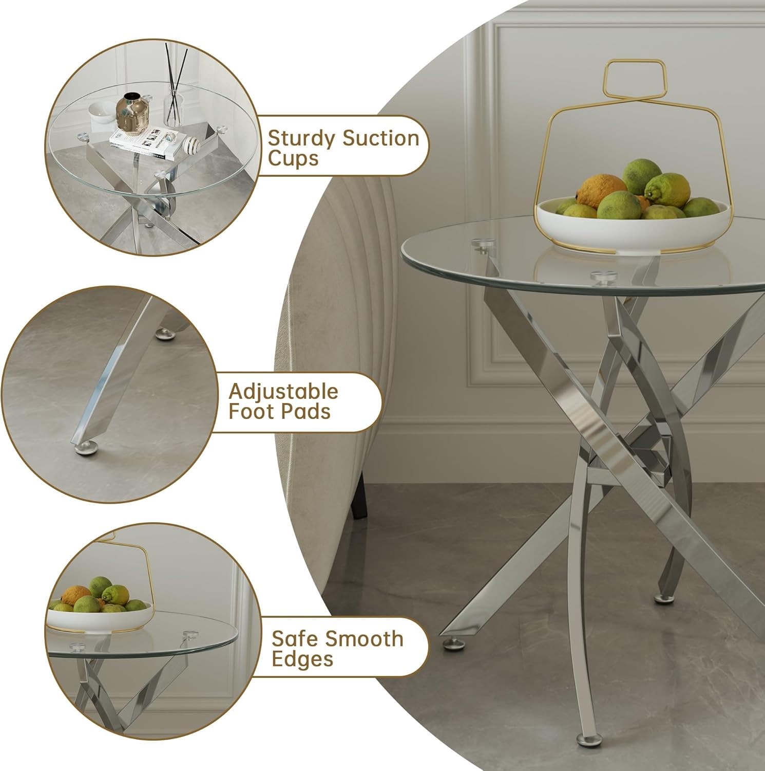Modern 23.62" Round End Table, Tempered Glass Top, Stainless Steel Cross Base, Nightstand, for Living Room, Bedroom, Small Spaces