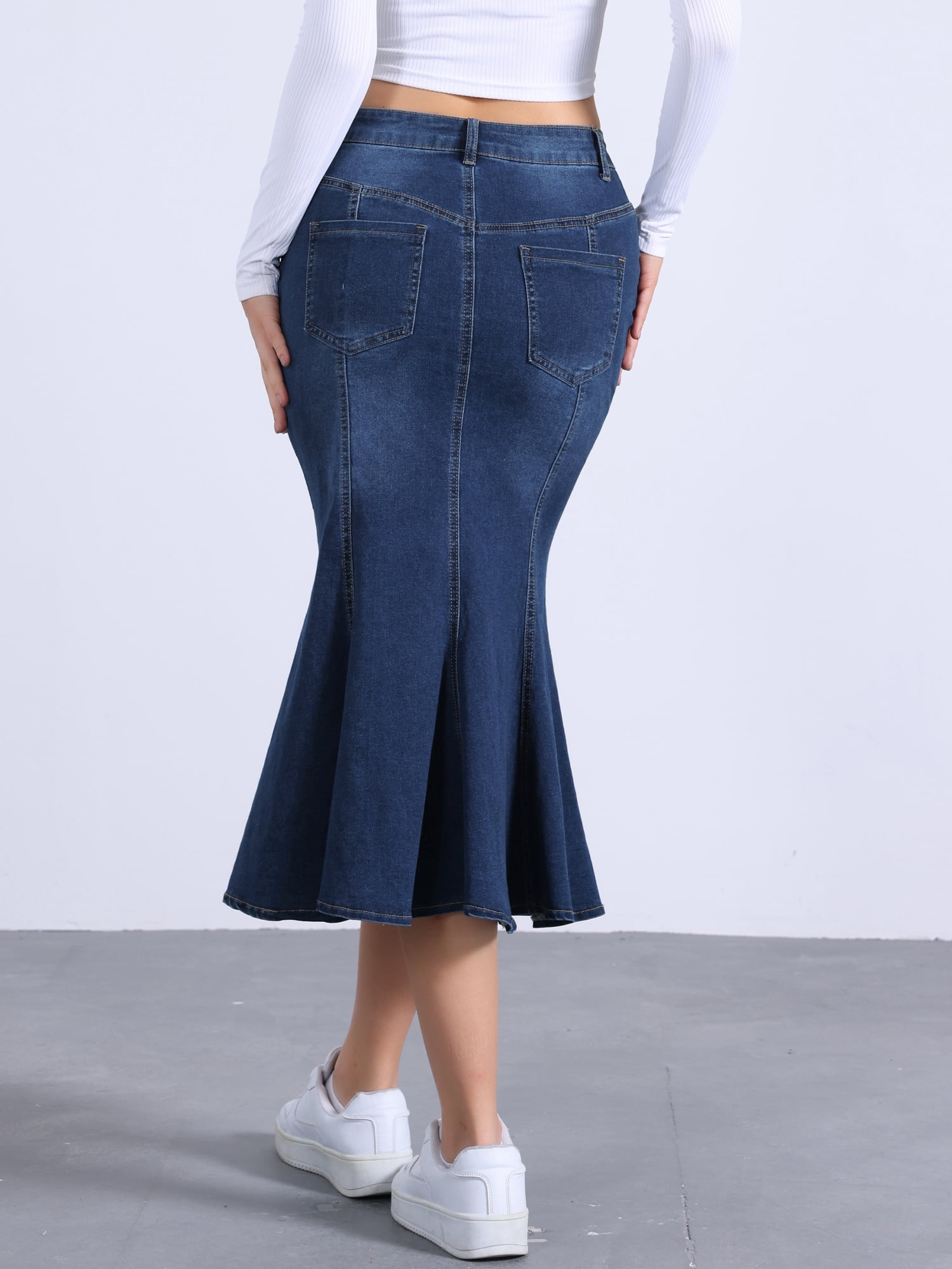 DARING DIVA Fishtail Denim Skirt Women's Washed Midi Jean Bodycon Skirt XL Dark Blue