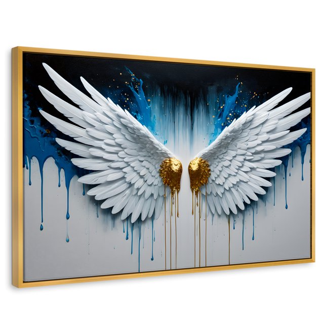 Cuadro Decorativo Marco Flotante Alas Corazón Dorado 90x60 Canvas Revolution