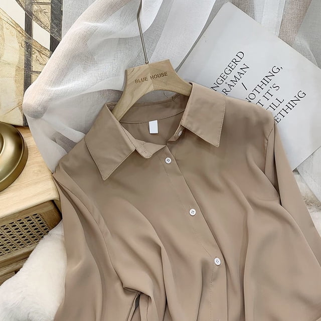 Camisa de gasa de moda coreana para mujer, cuello vuelto, manga larga, suelta, blusa de oficina de color liso que combina con todo para mujer