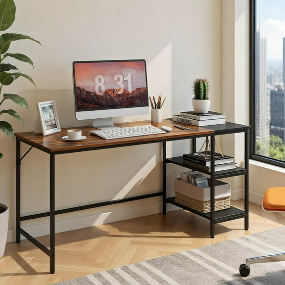 Resenkos 55 Inch Modern Industrial Style Study Writing Desk with 2 Storage Shelves-Brown, Home Office Desks, Gaming Computer Desks for Study,Working,Writing