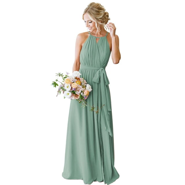 Vestido de dama de honor Stylefun Halter en A, chifón en forma de A, verde empolvado