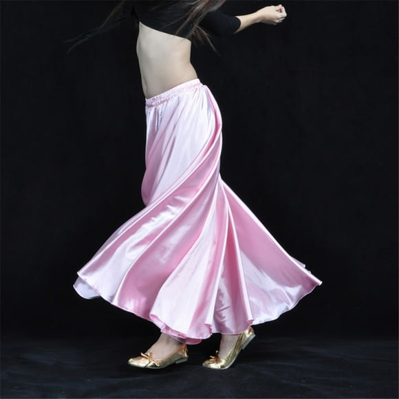 Jupe Longue en Satin Brillant Jupe de Danse Évasée Jupe de Danse du Ventre Jupe de Soleil 14 Couleurs, Rose, Taille Unique