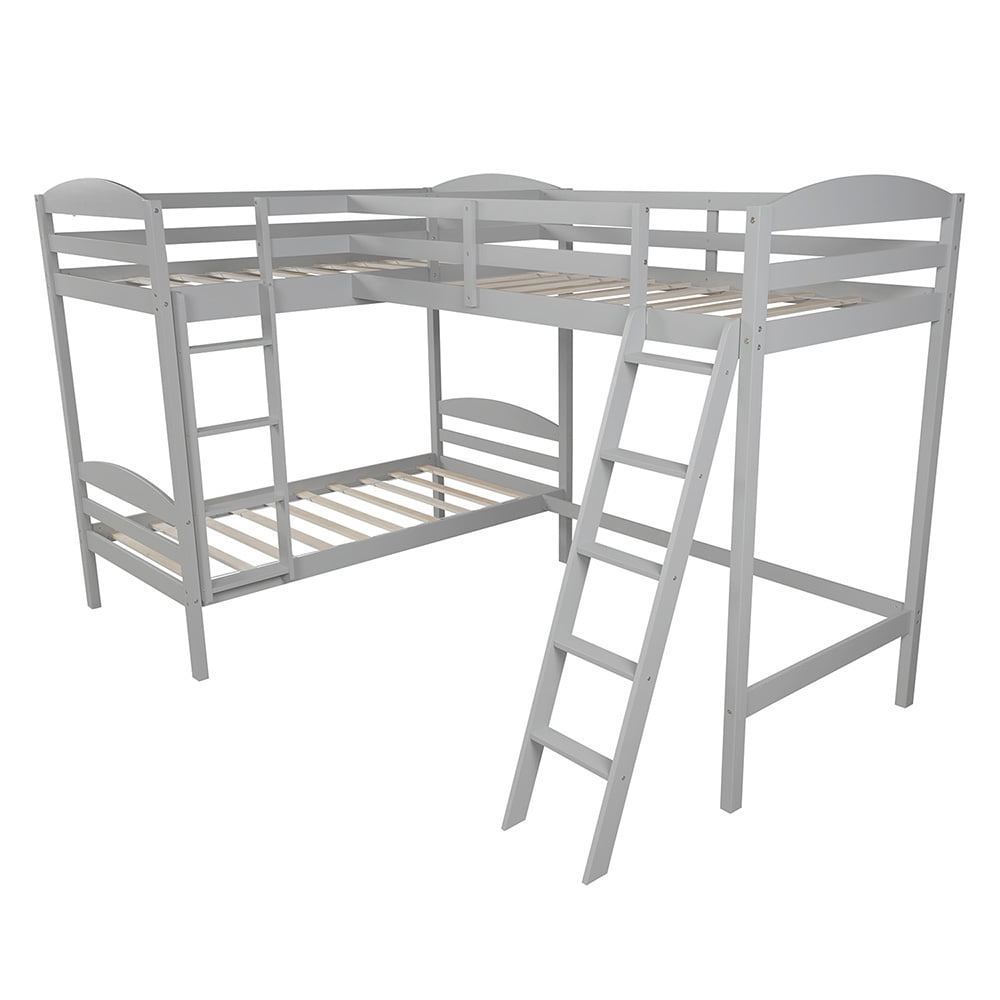 Twin Bunk Beds L-Shaped Bunk Bed and Loft Bed with Ladder and Guard for Teens Bedroom, Gray