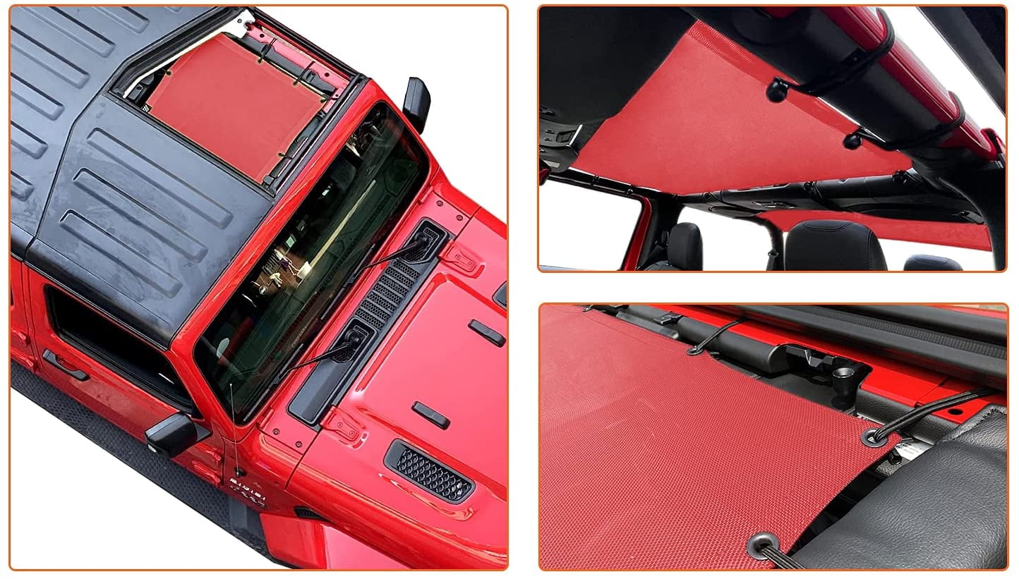 Shadeidea JL Sun Shade for Jeep Wrangler 2 Door Top Sunshade ( 2018 - Current ), Front & Rear - Cherry Red Mesh Screen Wrangler Cover, UV Blocker with Grab Bag Pouch - 10 Years Warranty