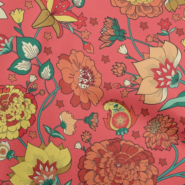 oneOone Polyester Spandex Red Fabric Asian Chinese Flower Sewing Craft Projects Fabric Prints By Yard 56 Inch Wide