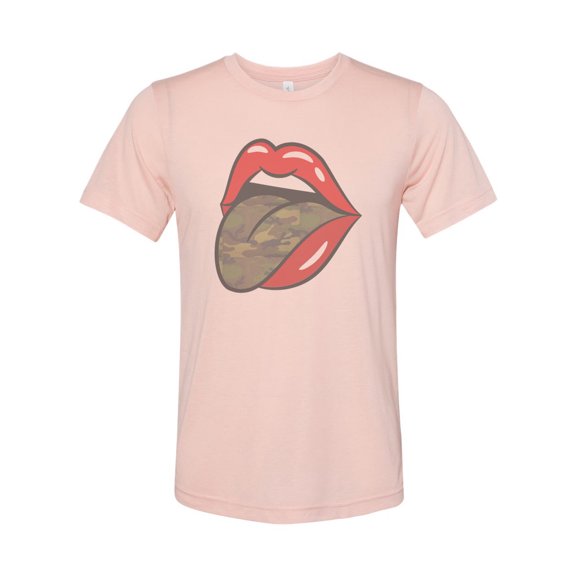 "Camo Tongue, Lips And Tongue, Sublimation T, Unisex, Vintage Shirt, Gift For Her, Camo Shirt, Camo Lover, Tongue Shirt, Tongue Design, Bella, Peach, LARGE"
