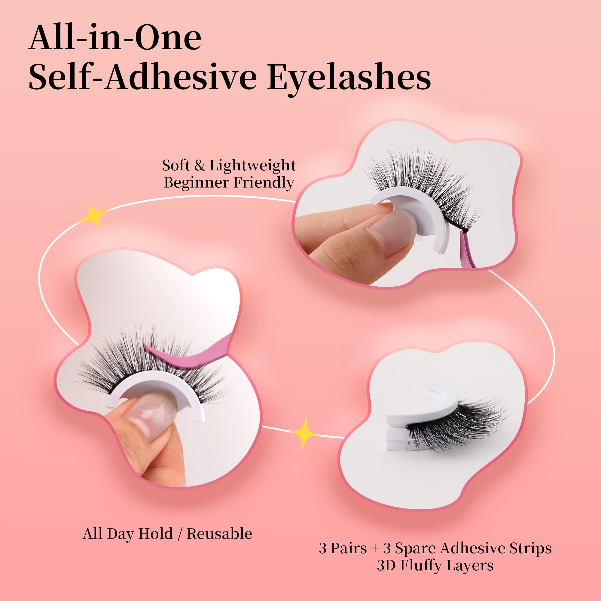 Mehoran Falsies Press On Self Adhesive Eyelashes Extreme Curl Strip Lashes 8-14mm 3 Pairs