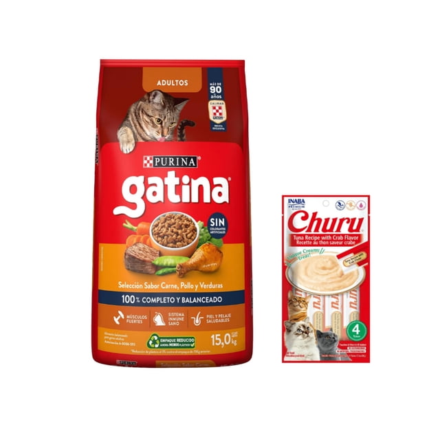Gatina Pollo 15 kg + Churu Atún con Cangrejo Sobre con 4 Tubos de 14 g