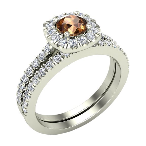 Champagne Diamond Engagement Ring Round Cut Champagne Diamond Cushion Halo Rings 14K White Gold 1.00 Carat (H,SI)