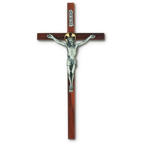 Large Walnut with Silver Halo Wall Crucifix