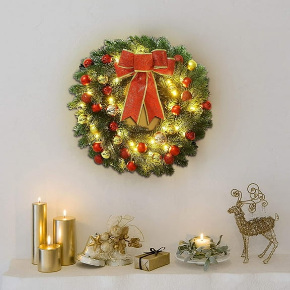 Battery Operated Christmas Wreath Pre-Lit with LED Lights, Artificial Lighted Wreath Featuring Colorful Balls and Decorative Ornaments, Front Door Xmas Wreath for Outdoor Indoor Holiday Home Decor
