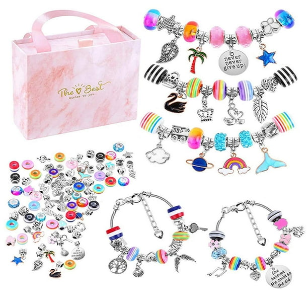 Kit de fabricación de pulseras de joyería para niñas 85 piezas de cuentas de bricolaje para juegos de artes y manualidades con 5 pulseras de serpiente plateadas oso de fresa Hogar