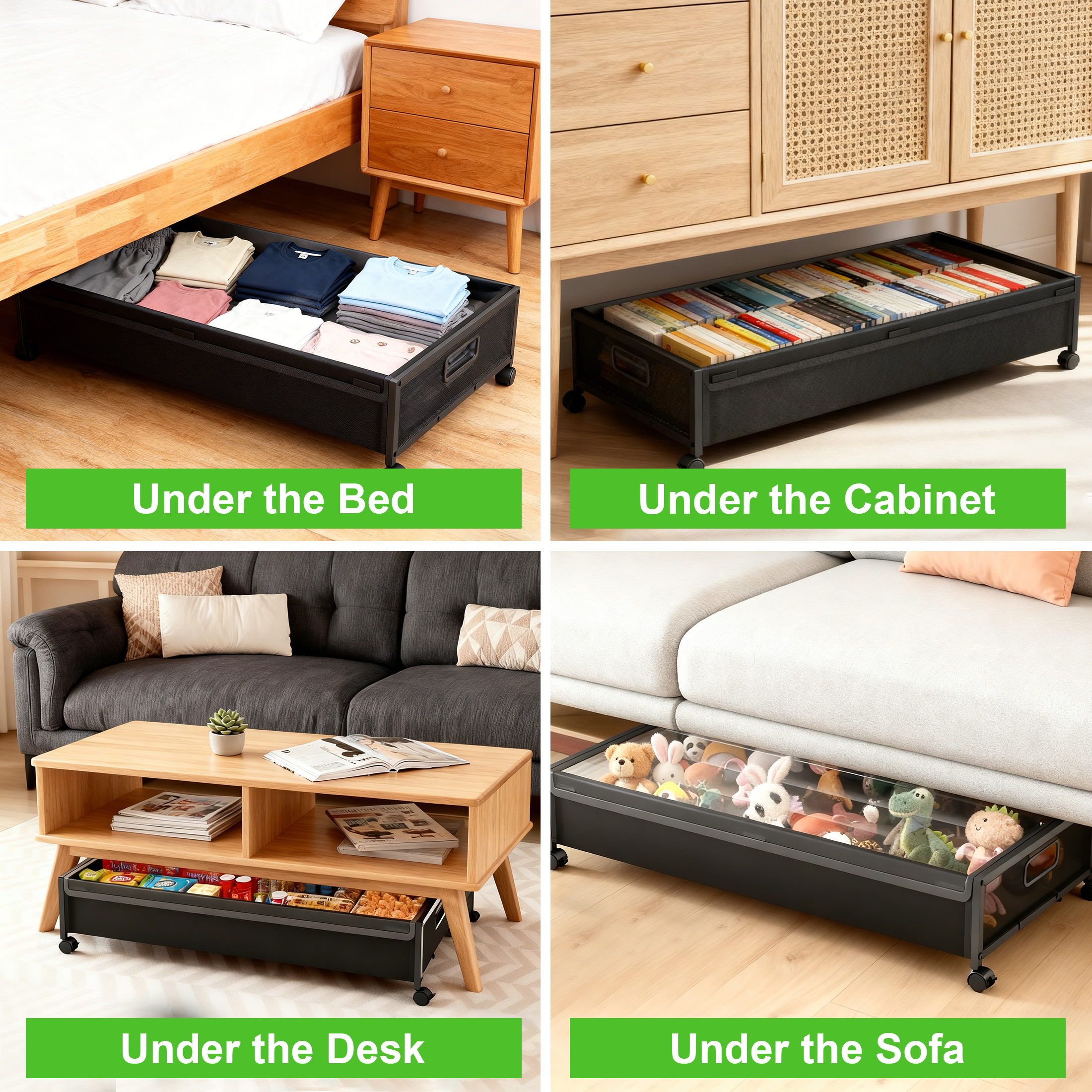 cisilov Under Bed Storage Containers with Wheels, 2 Pack Underbed Shoe Storage Organizer with Clear Lids, Rolling Under Bed Metal Drawers for Clothes, Blankets, Black