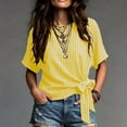 thumbnail image 2 of Women's Gingham Cotton Tops Summer Oversized Crew Neck Bow Tie Waist Blouse Fashion Casual Short Sleeve Daily Wear Shirt Yellow, 2 of 5