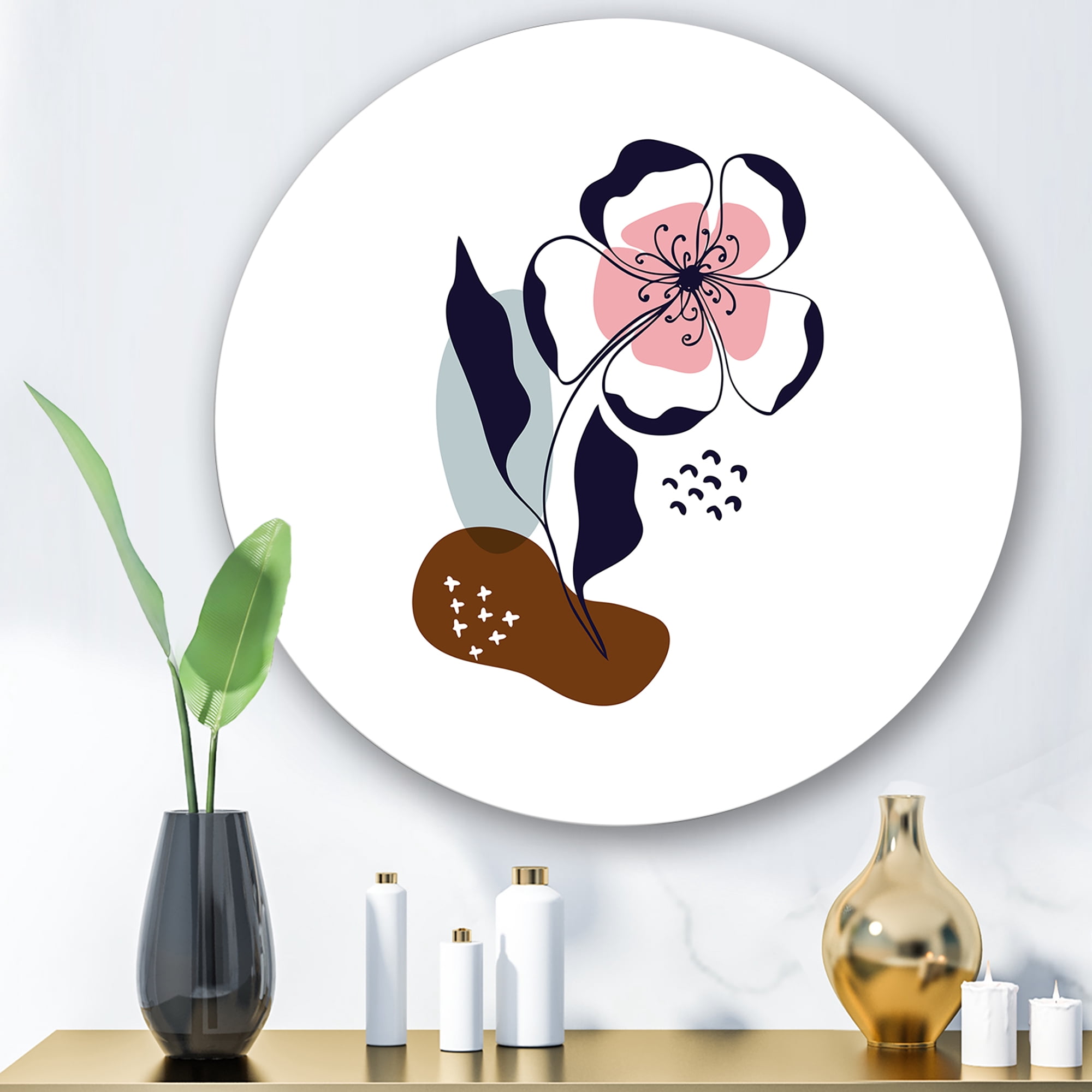 Designart 'Abstract Minimal Shapes Under Flowers IV' Modern Circle Metal Wall Art 23x23 - Disc of 23