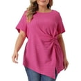 thumbnail image 1 of Blusas de talla grande GRACE & GRANDEUR para mujeres, dobladillo asimétrico, cuello redondo, manga corta, blusa con nudo retorcido, talla 2X, rosa intenso, 1 of 1