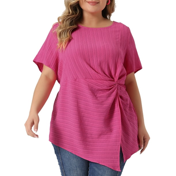 GRACE & GRANDEUR Blusas Talla Grande para Mujeres con Dobladillo Asimétrico, Cuello Redondo, Manga Corta, Camiseta con Nudo Torcido 3X Rosa Fucsia