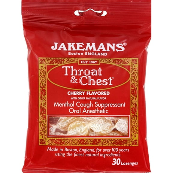 Throat & Chest Menthol Cough Suppressant Oral Anesthetic Lozenges Cherry - 30 Lozenges by Jakemans (pack of 4)