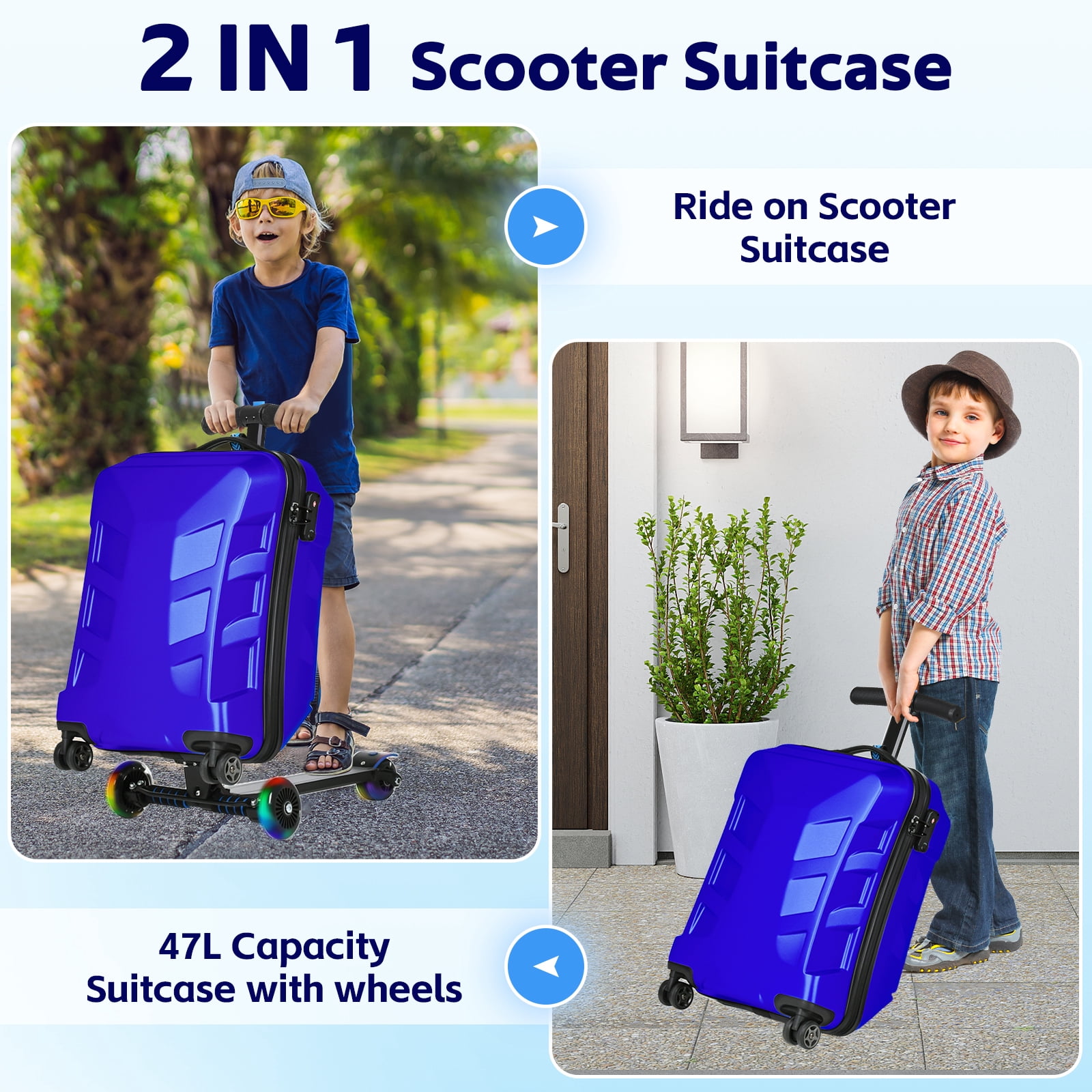 Advwin Scooter Suitcase for Kids & Adults, 3-D Hardshell Ride On Scooter Luggage with LED Light Up Wheels, TSA Lock, Lightweight Foldable Carry On Rideable Suitcase for Children Teenagers, Blue