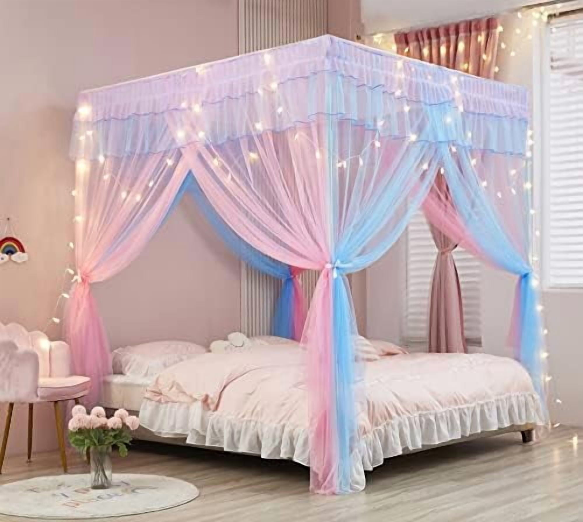 Rainbow Canopy Bed Curtains with Lights - Princess Bed Canopy for Girls - Bed Drapes Netting- Bedroom Decoration Accessories,Twin