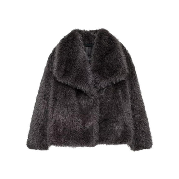 Short Faux Fur Jacket for Women Lapel Cardigan Winter Fluffy Outwear Coat for Evening Dresses Dark Gray XS