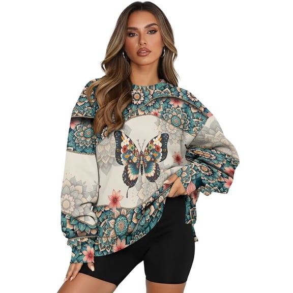 Yuyamidu Boho Floral Butterfly Women's Fashion Hoodie Sweatshirts Oversized Womens Novelty Sweatshirts with Pockets Loose Crewneck Pullover Casual Tops Long Sleeve Shirts Spring Fall Winter Clothes