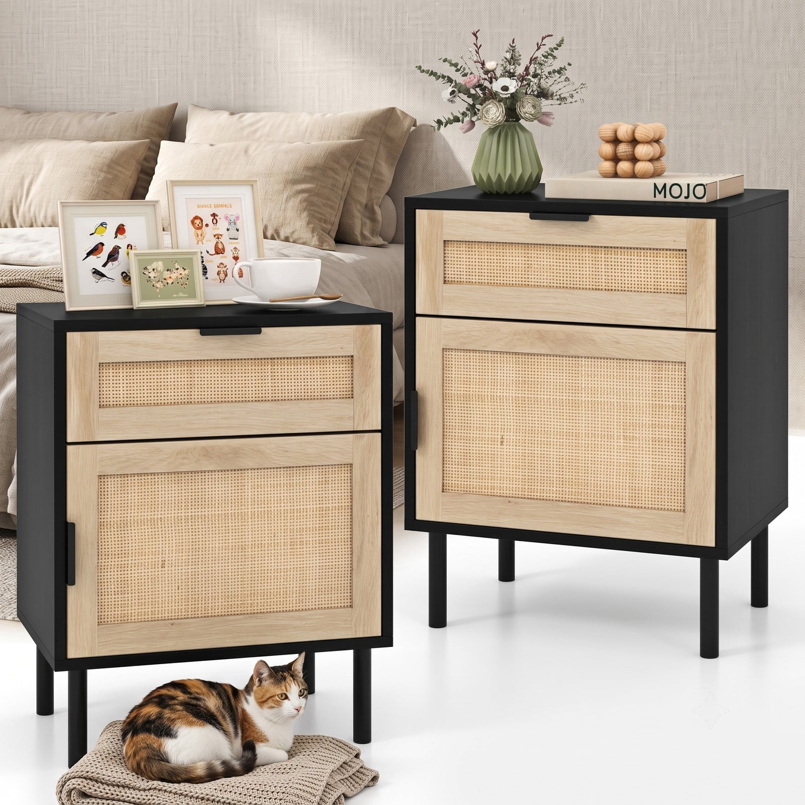 Furnibear Rattan Nightstand Set of 2 with Drawer and Cabinet for Bedside Storage in the Bedroom and Living Room, Black and Natural
