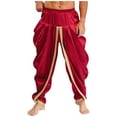 thumbnail image 5 of Nyeemya Men's Arabian Prince Harem Pants Satin Yoga Beach High Waist Baggy Trousers for Belly Dance Burgundy S, 5 of 7