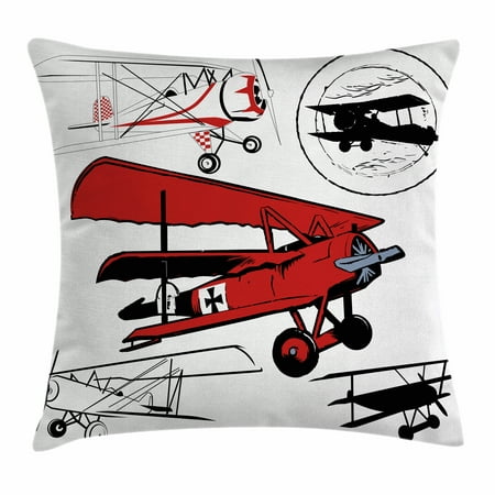 Vintage Airplane Decor Throw Pillow Cushion Cover, Collection of Various Biplanes Nostalgic Antique Silhouettes, Decorative Square Accent Pillow Case, 20 X 20 Inches, Red White Black, by