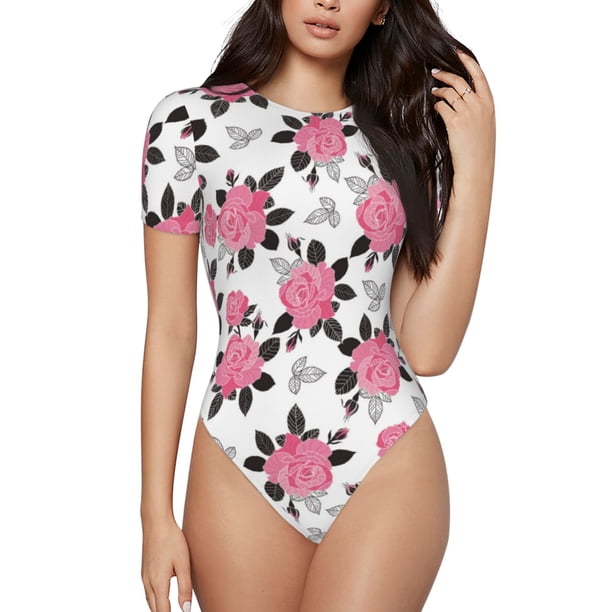 Fotbe Rose Flowers Body de Mujer con Cuello Redondo y Mangas Cortas, Sin Mangas Ajustado, Suave, Cómodo y Básico-Large