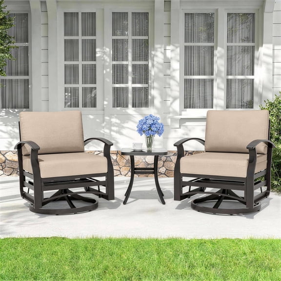 Gotland 3PCS Outdoor Aluminum Swivel Rocking Chairs, 2-Person Patio Furniture Conversation Set with Coffee Table and Cushions, Sand