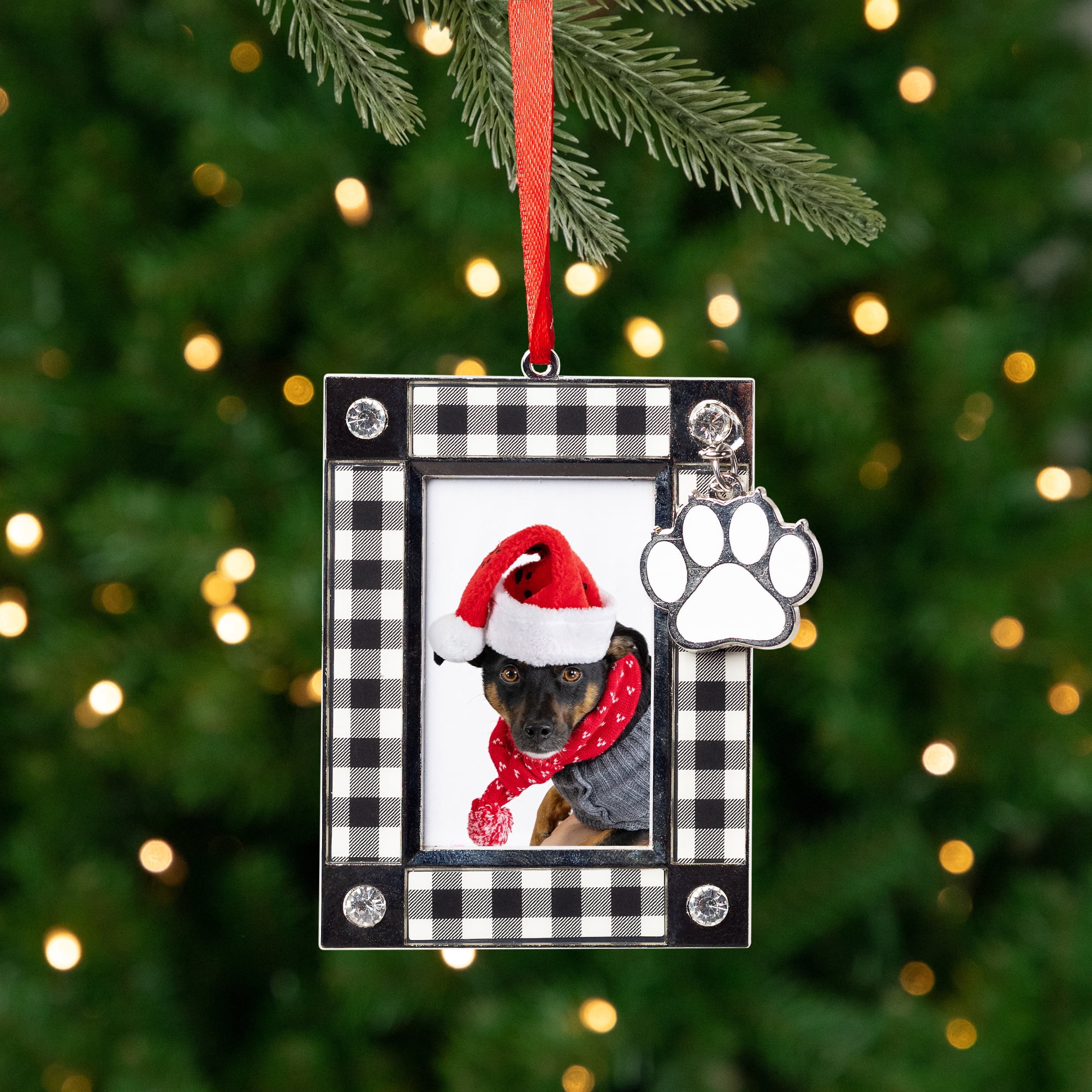 Paw Print Buffalo Plaid Pet Photo Frame Christmas Ornament - 3.5"