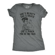Womens She's Beauty She's Grace She'll Punch You In The Face Tshirt Funny Feminist Tee (Dark Heather Grey) - S Womens Graphic Tees