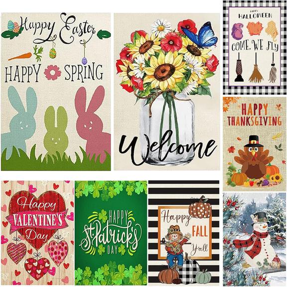 Sinkoo Seasonal Garden Flags Set of 8 Double Sided 12 x 18 Inch Yard Flags, Valentine Garden Flag, Outdoor Easter St Patricks Day Holiday Spring Fall Winter Halloween Xmas