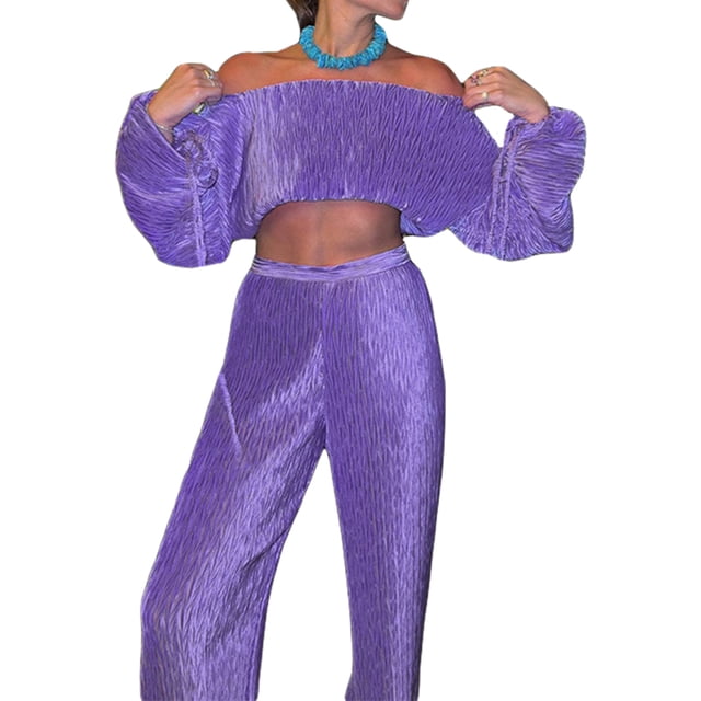 Txlixc Blusa femenina con pliegues irregulares y pantalones de cintura alta, azul / púrpura Txlixc moda
