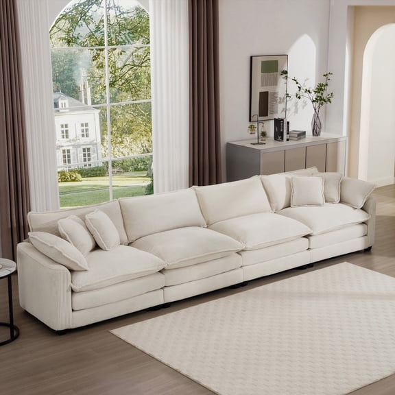 Modern Fabric 4-Seater Sofa with Comfort Features, Light Beige