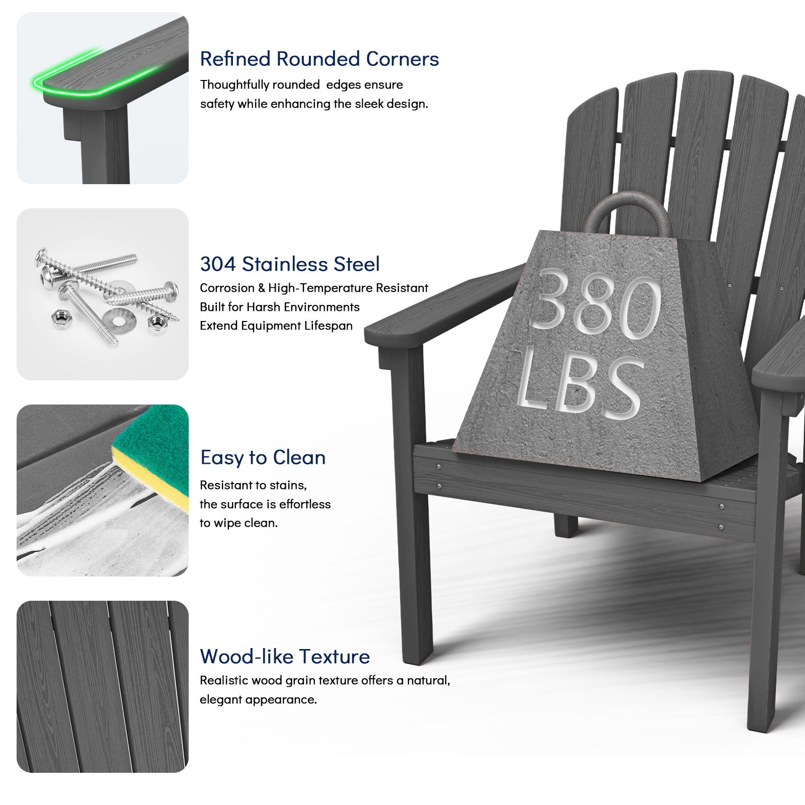 Cobiod Stackable Adirondack Chairs Set of 4, HDPE All-Weather Patio Chairs, Wood Grain Ergonomic Outdoor Chairs, Grey