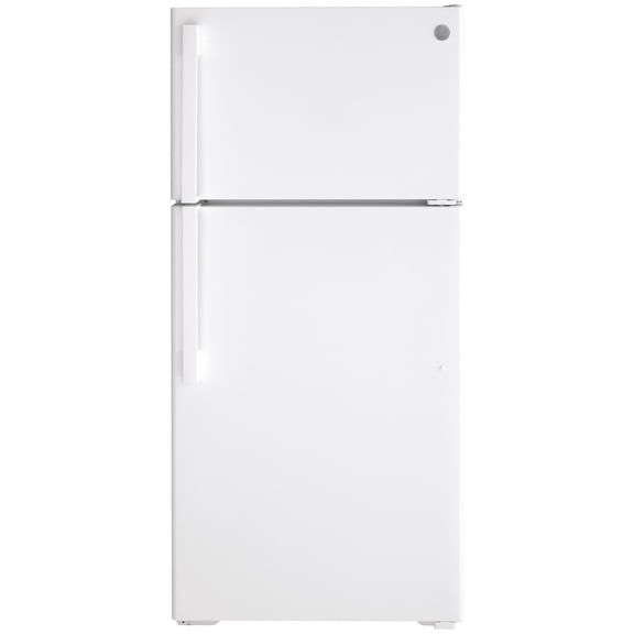 GE® 15.6 Cu. ft. 120 Volts Top-Freezer Refrigerator LED lighting, Model GTS16DTNRWW and White Color.