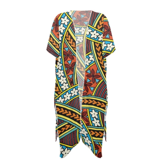 HELLHERO High Quality Fabrics Long Kimono Swimsuit Cover Up for Beach Flowy Free Size Beach Cover Up Colorful Pattern Tile